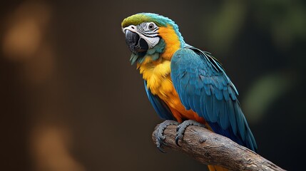  Colorful parrot perched on branch, displaying vibrant blue and yellow feathers, symbolizing beauty and diversity in wildlife.