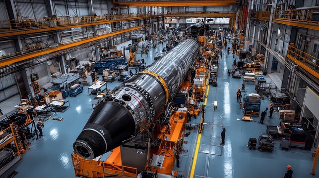  Rocket assembly facility where engineers and technicians assemble a rocket, aligning components and inspecting structural parts carefully.