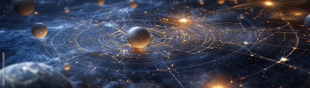 Poster ai algorithms mapping out star systems, a captivating cosmic landscape featuring celestial bodies, s