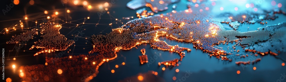 Poster ai algorithms scanning a digital map projecting, a vibrant, illuminated map of europe showcasing int