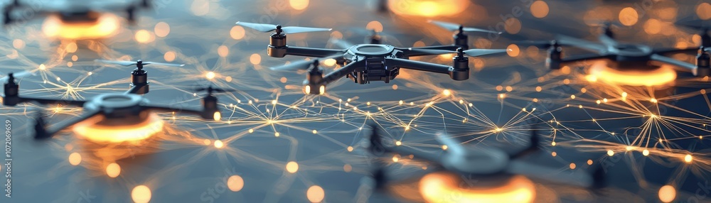 Poster a close-up view of multiple drones illuminated by glowing lights, set against a backdrop depicting c