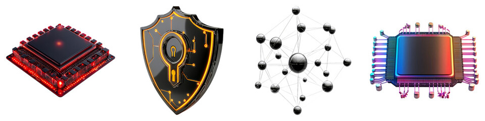 Fototapeta premium The image features four distinct technological elements: a microchip, a shield symbolizing security, a molecular structure, and another advanced microchip.