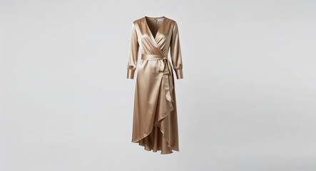 Beige satin wrap dress with belted waist and asymmetric hem display on plain white background