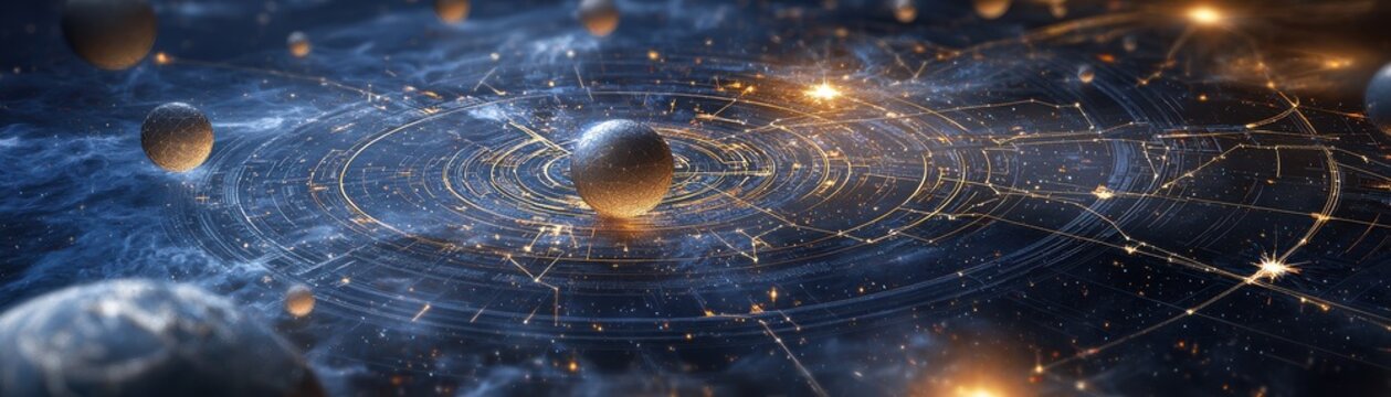 AI algorithms mapping out star systems, a captivating cosmic landscape featuring celestial bodies, stars, and a web of glowing connections against a deep dark background.