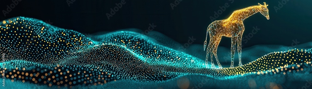 Poster ai monitoring endangered species, a luminous horse stands on a wave of vibrant digital dots, creatin