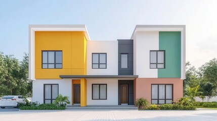 A modern two-story house featuring vibrant colors and large windows, set against a lush green backdrop, showcasing contemporary architectural style.