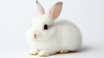 Fototapeta premium Small white rabbit sitting with ears upright and nose twitching, facing forward in a cute, alert pose.