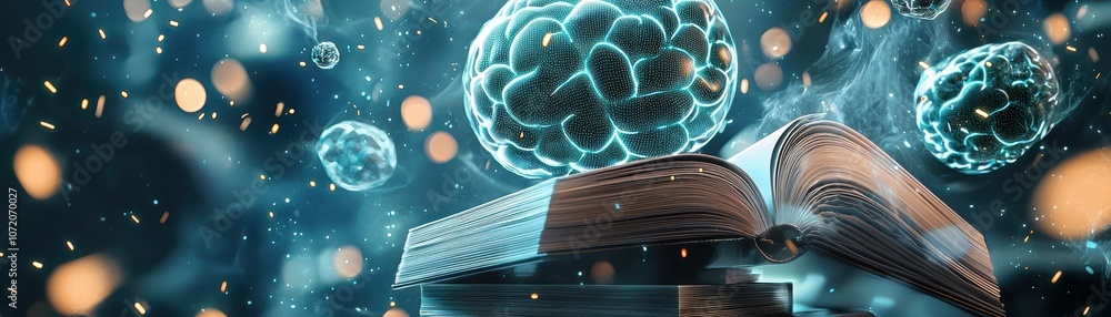 Poster ai learning platform, an abstract depiction of a book intertwined with digital representations of ce