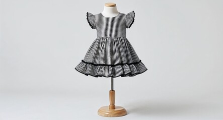 Black and white checkered dress with ruffle hem and cap sleeves display on plain white background
