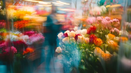 Naklejka premium Vibrant tulips in a bustling flower market blur into a kaleidoscope of colors, creating a dreamy, impressionistic scene of floral abundance and springtime joy.