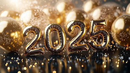 Gold Happy New Year 2025 message balloons with decoration party, symbolizes the start of the new year