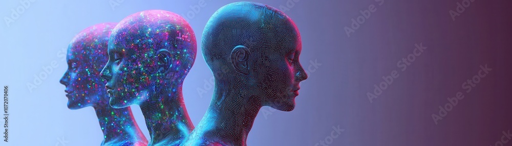 Poster ai generated avatar, three human-like figures create a striking visualization of digital data, highl