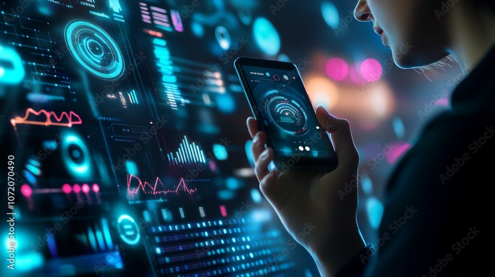 Poster futuristic technology concept: person interacting with holographic interface via smartphone, surroun