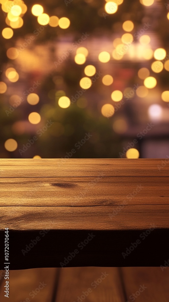 Aufkleber rustic wooden table surface in foreground with blurred festive bokeh lights in background, creating 