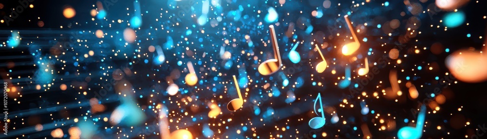 Poster a vibrant blend of floating musical notes and shimmering particles, creating a colorful and dynamic 
