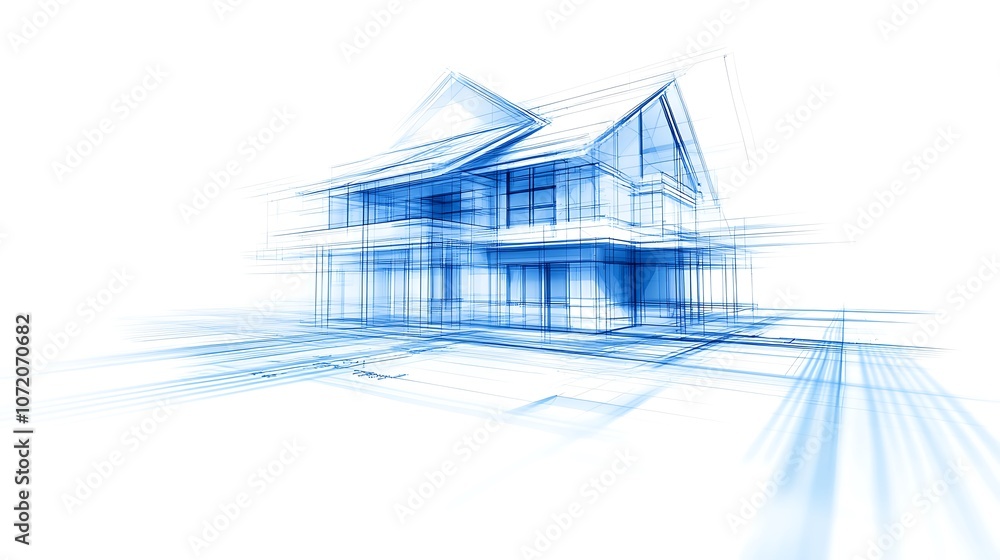 Poster a blue architectural sketch of a modern house, illustrating intricate design features and a futurist