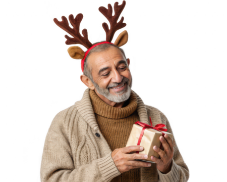 Portrait of an elderly man with a reindeer antlers headband, holding a gift, isolated on transparent background
