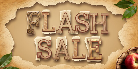 Flash Sale Banner with Rustic Torn Paper and Textured Typography on Natural Background

