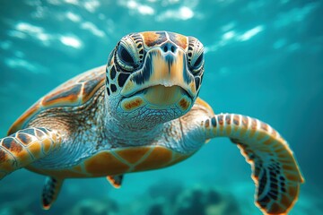 Obraz premium Underwater Photography of a Sea Turtle with a Plastic Bag Around Its Neck – Ocean Conservation Message