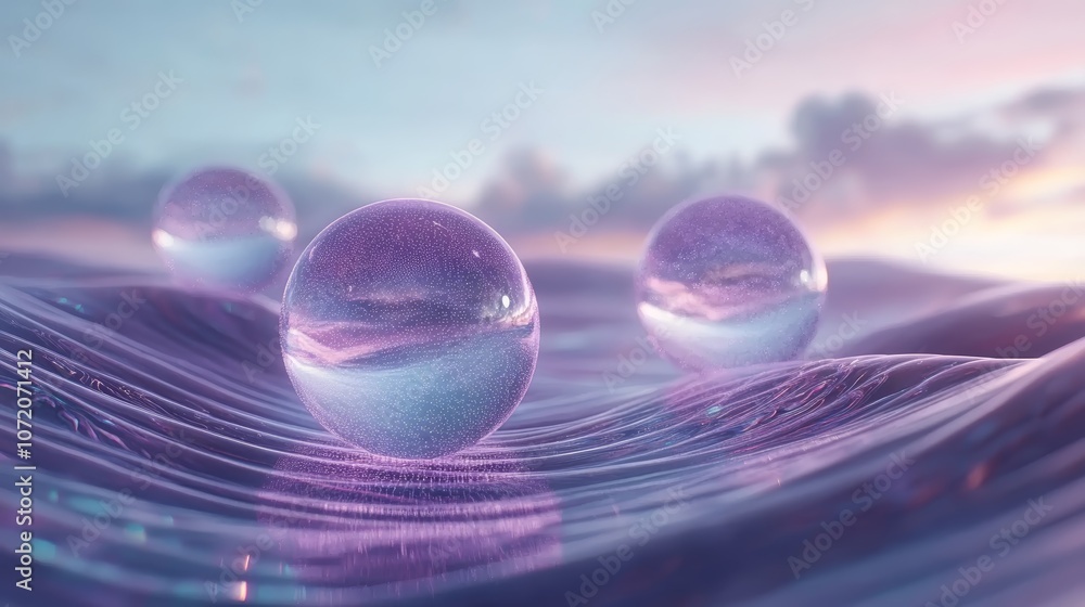 Poster Three translucent bubbles floating on water, a serene reflection of light and simplicity in minimalist aquatic scene