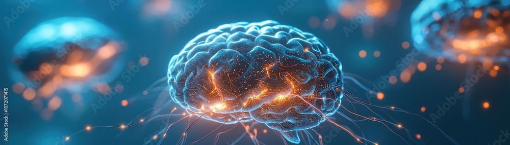 Poster this image features a digital rendering of brains illuminating with neural connections, showcasing t