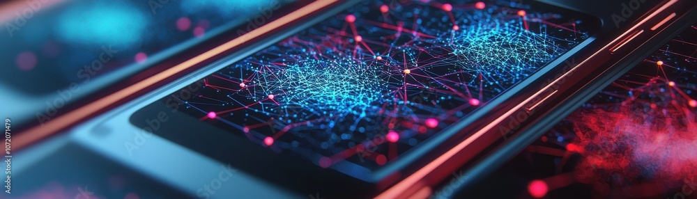 Poster the image features futuristic smartphones displaying vibrant, interconnected networks of colorful pa