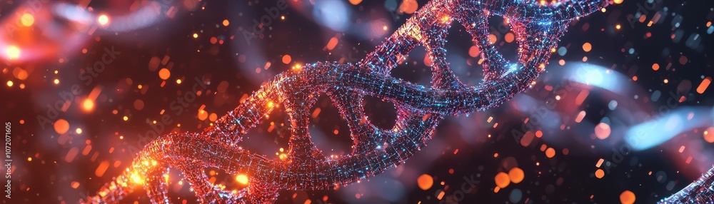 Poster a vibrant digital representation of dna strands illuminated by colorful light particles, showcasing 