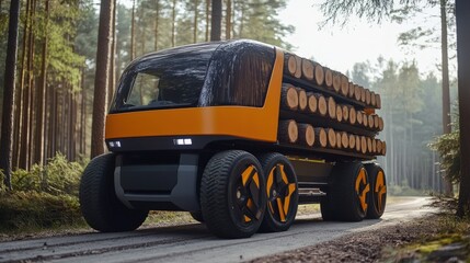 Autonomous electric truck hauling logs in a forest.