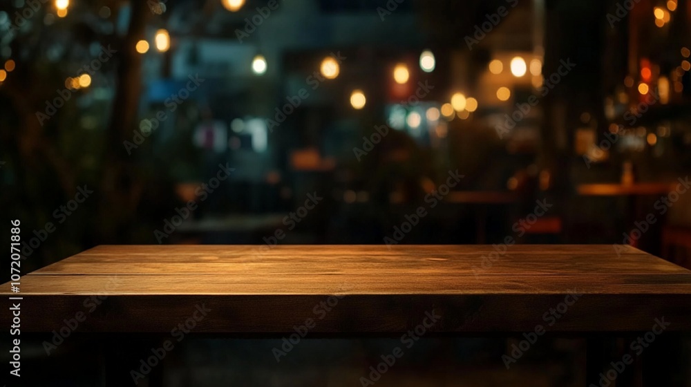 Poster rustic wooden table in foreground with blurred festive lights in background, creating a warm and inv