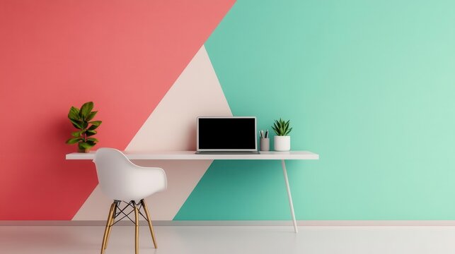 A modern workspace featuring a desk, laptop, and decorative plants against a backdrop of colorful geometric walls.