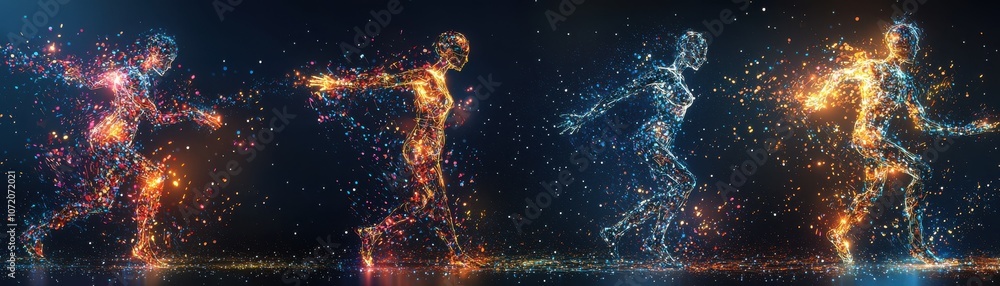 Poster a dynamic display of illuminated figures in motion, capturing the essence of energy and creativity t