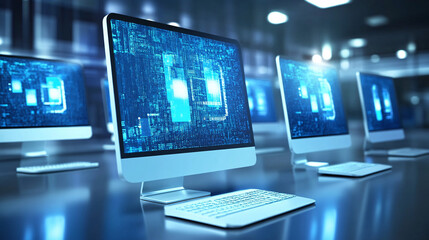 Fototapeta premium IT Information technology concept on touchsreen computer, optics background with lots of light spots