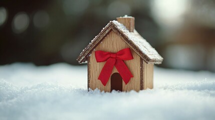 Small wooden house model with red bow on snowy surface for christmas