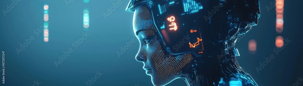 Poster a futuristic depiction of a robotic face illuminated with digital patterns, blending technology and 