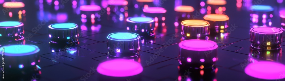 Poster a vibrant display of glowing cylindrical shapes illuminated in various colors, creating a futuristic
