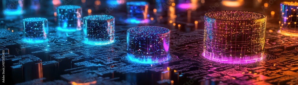 Poster a vibrant digital landscape with glowing cubes reflecting different colors, set against a network ba