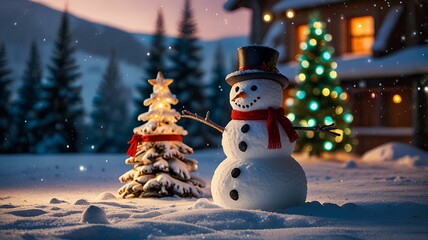 Obraz premium Snowy landscape with illuminated Christmas trees and a cute snowman, creating a magical holiday atmosphere. snowy Christmas, snowman, holiday lights, festive atmosphere, magical scene.