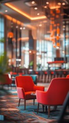 Fototapeta premium Modern hotel lobby with vibrant red armchairs, warm ambient lighting, and colorful patterned carpet, creating an inviting and stylish atmosphere for guests.