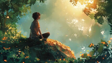 Obraz premium A person sits peacefully on a large rock in the middle of a quiet forest, eyes closed, hands resting on their knees. The only sound is the gentle rustling of leaves and birds singing nearby