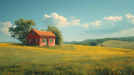 Fototapeta premium Lonely house on green grassland under blue skys
