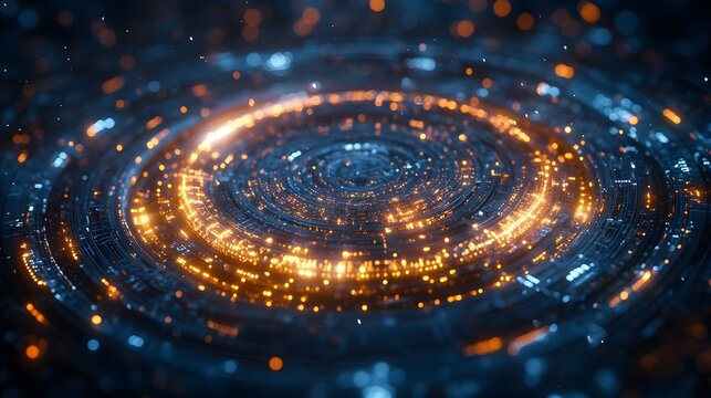 A glowing white circular tech interface with intricate gears and digital circuits on a deep blue background, featuring a futuristic cybernetic HUD display with ethereal lighting.