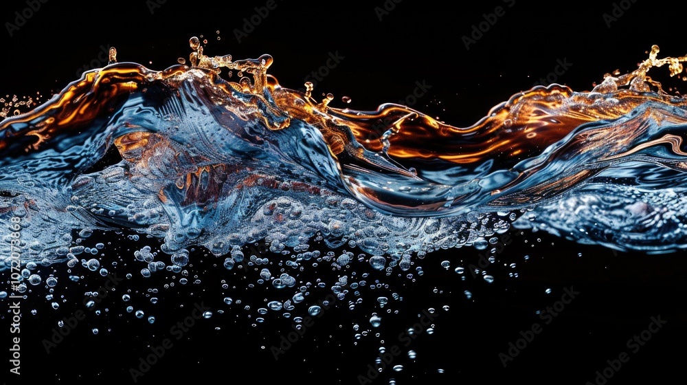 Poster a close-up view of a water wave on a black background, perfect for use in design and art projects