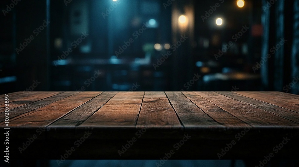 Poster rustic wooden table in foreground with blurred city lights at night in background, creating a moody 