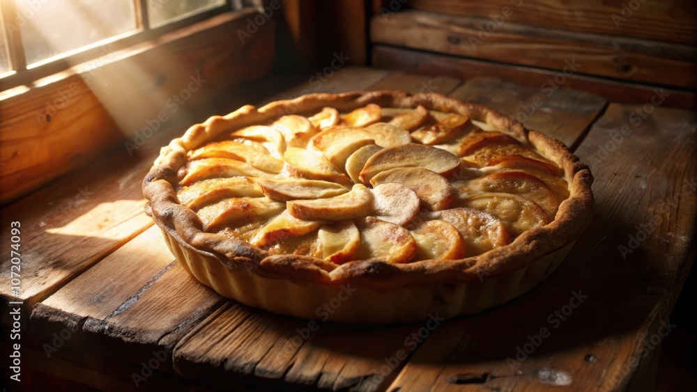 Poster a golden-brown apple pie sits on a rustic wooden surface, bathed in soft sunlight streaming through 