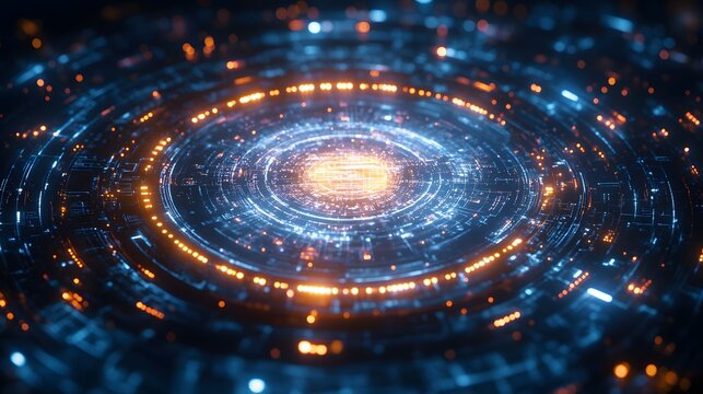 A glowing white circular tech interface with intricate gears and digital circuits on a deep blue background, featuring a futuristic cybernetic HUD display with ethereal lighting.