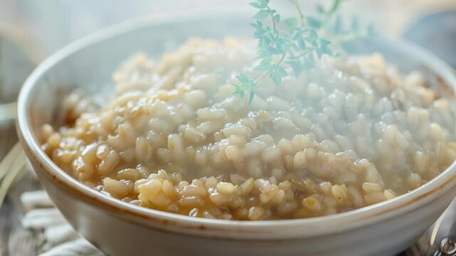 Rustic wooden table with a bowl of freshly made farro risotto topped with fragrant thyme, a creamy and delicious vegetarian meal bursting with italian flavors, ideal for a healthy lunch or dinner