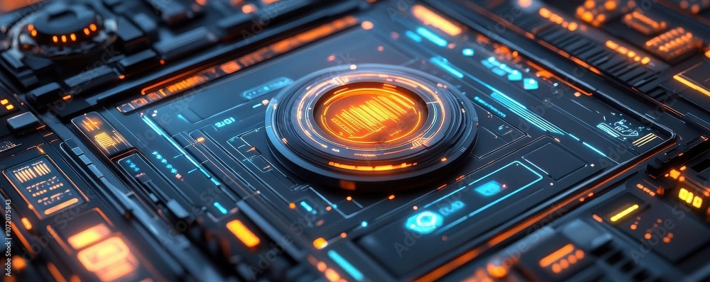 Poster a futuristic digital interface with glowing circuits and an illuminated central element, showcasing 