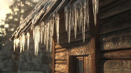 Naklejka premium Icicles hanging from the roof of a wooden cabin, sparkling in the winter sun.