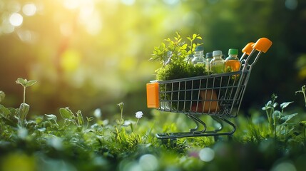 Close-up of shopping cart with eco-friendly products, Green Monday sale, vibrant background.