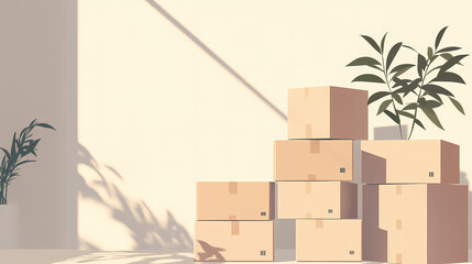 Minimalist composition of neatly stacked moving boxes soft shadows muted earth tones clean lines emphasizing organization and simplicity. Minimalist. Illustration